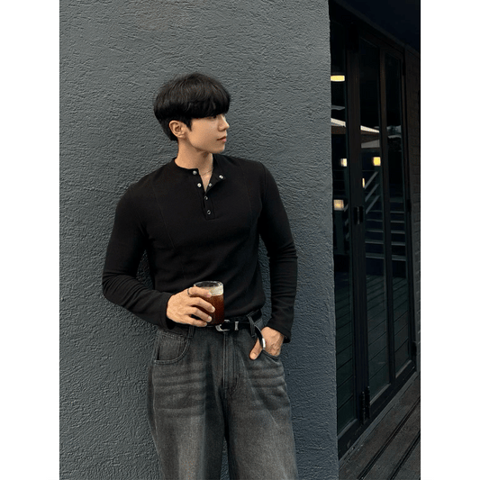 B180 剪接亨利領修身上衣 (灰 黑)