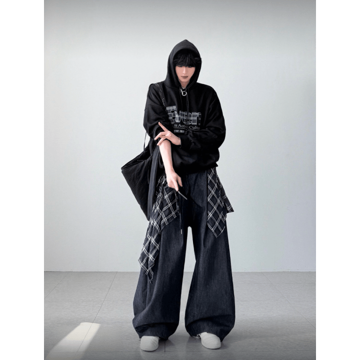 J98 Patchwork Plaid Denim Wide-Leg Pants (Dark Blue/Black)