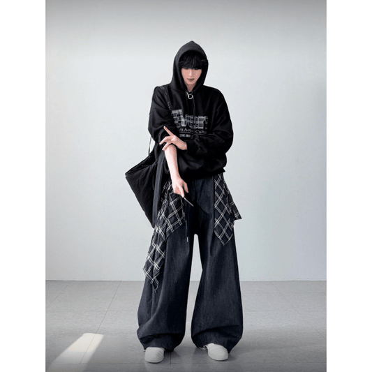 J98 Patchwork Plaid Denim Wide-Leg Pants (Dark Blue/Black)