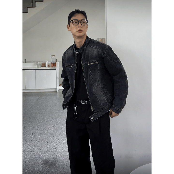 A69 復古水洗立領牛仔外套 (黑 藍)