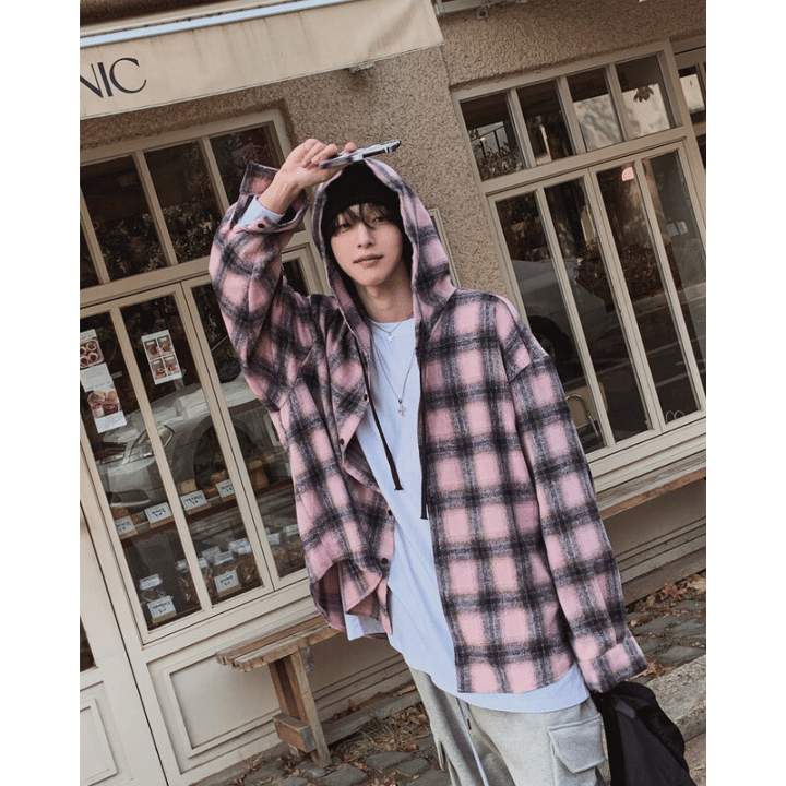 A109 溫柔感格紋連帽襯衫外套 (粉 藍)