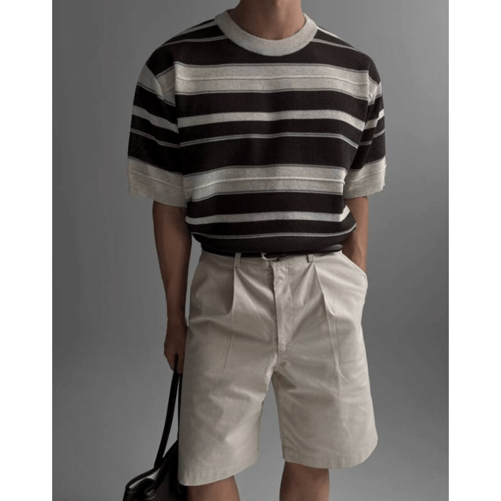 B183 亞麻條紋針織衫 (棕 藍)