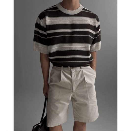 B183 亞麻條紋針織衫 (棕 藍)