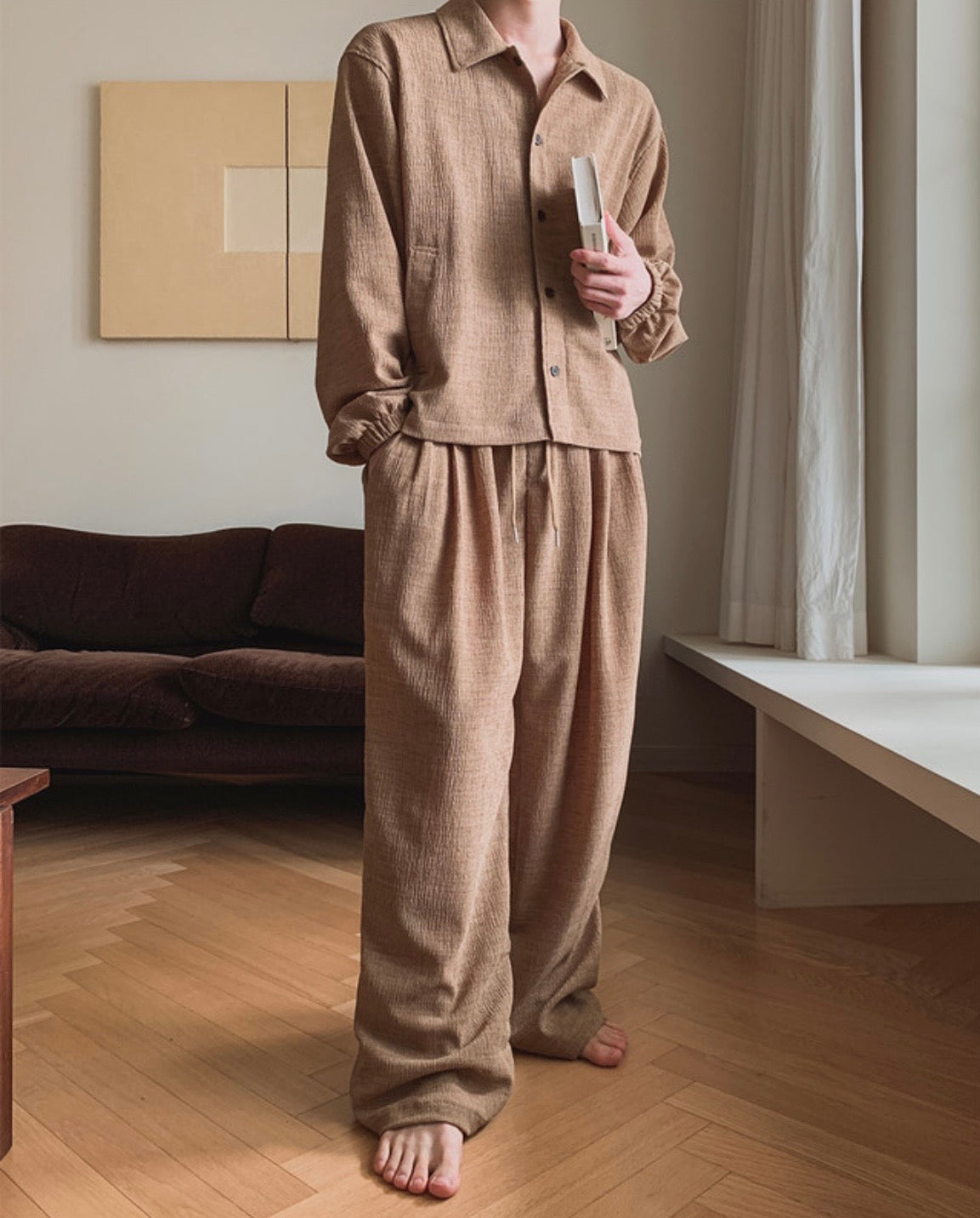 J100 自然紋理寬褲 (米 黑)