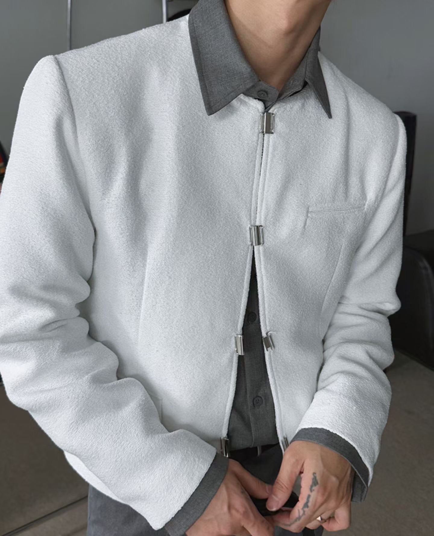 A103 質感金屬粗花呢短款夾克 (黑 白)