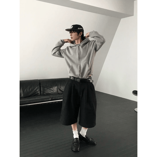 J101 雙摺寬版牛仔短褲(黑 藍)