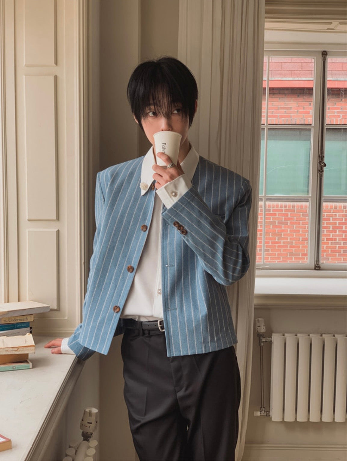 A157 細條紋無領西裝外套 (藍 灰)