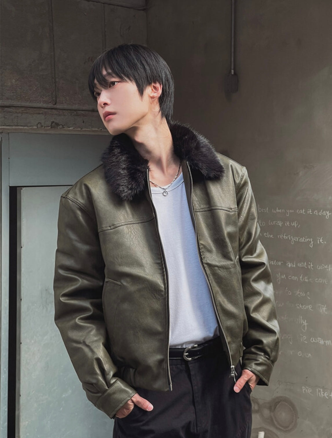 A115 冬季毛領飛行皮夾克 (3色)