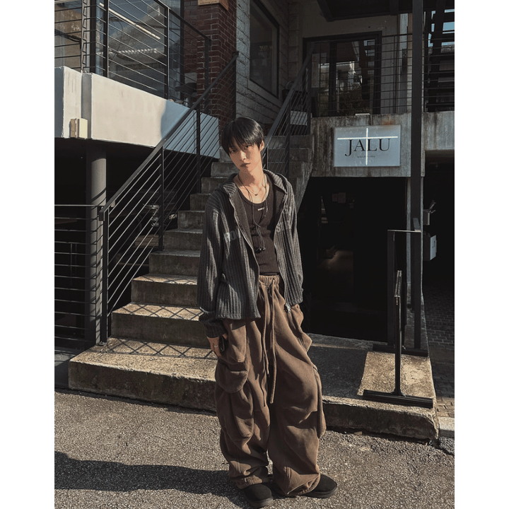 J80 厚磅重墜內刷毛工裝寬褲 (3色)