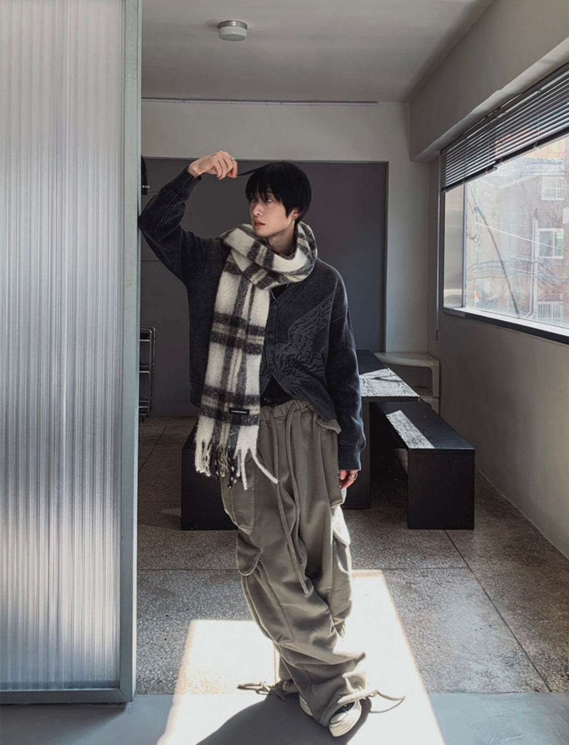 J80 厚磅重墜內刷毛工裝寬褲 (3色)