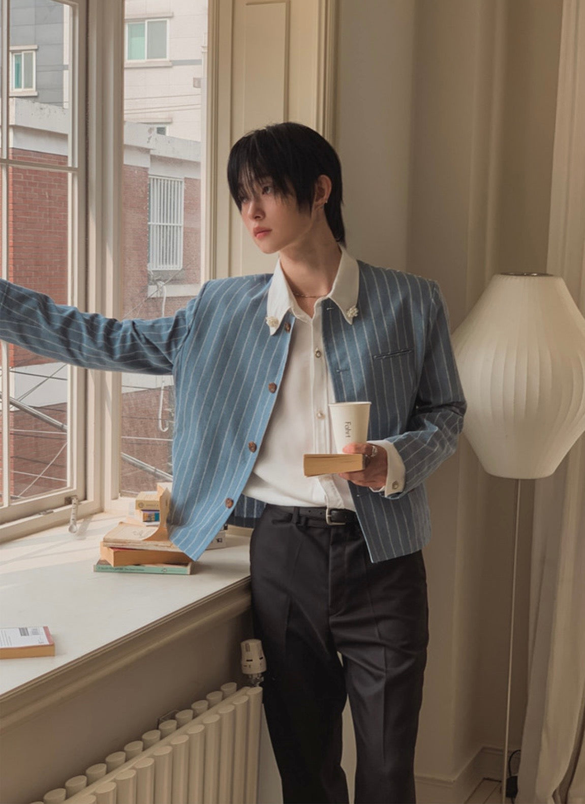 A157 細條紋無領西裝外套 (藍 灰)