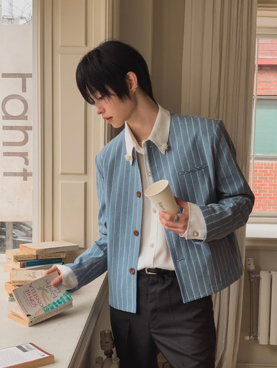 A157 細條紋無領西裝外套 (藍 灰)