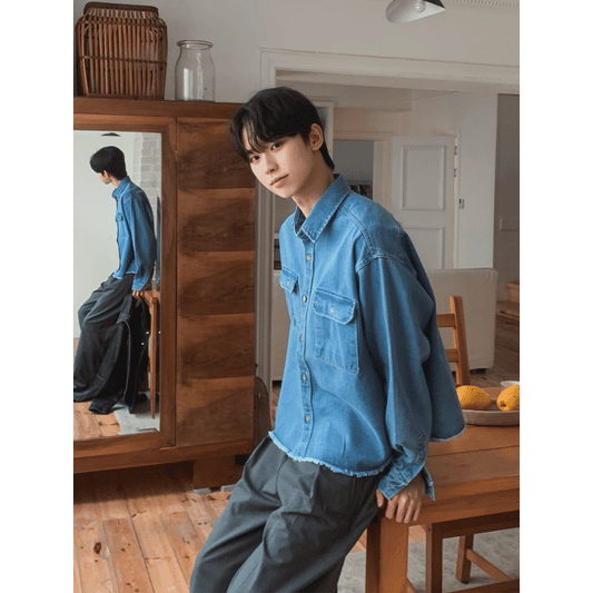 B176 水洗短版毛邊丹寧襯衫 (藍 黑)