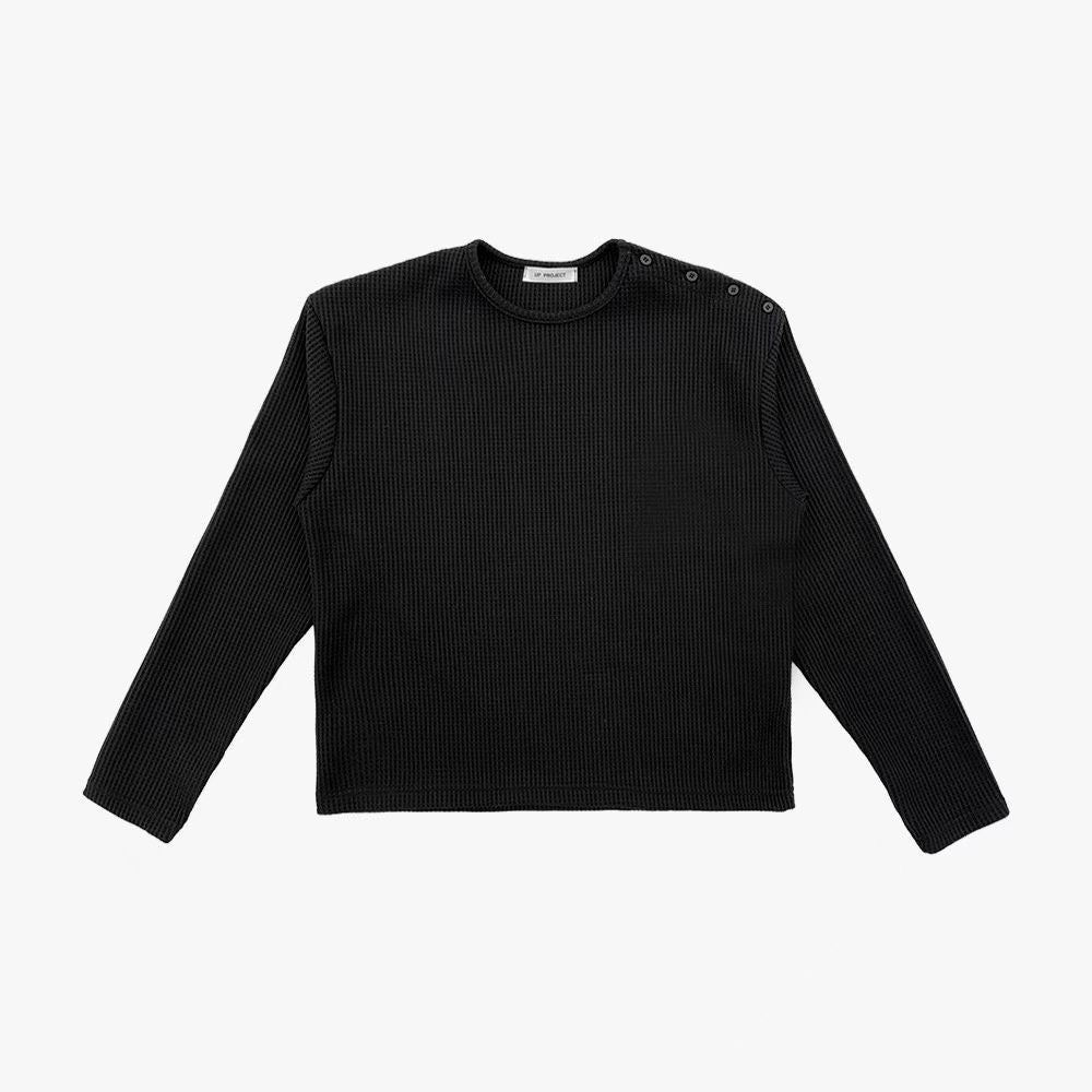 B179 Waffle-knit one-shoulder button-down top (grey/black)