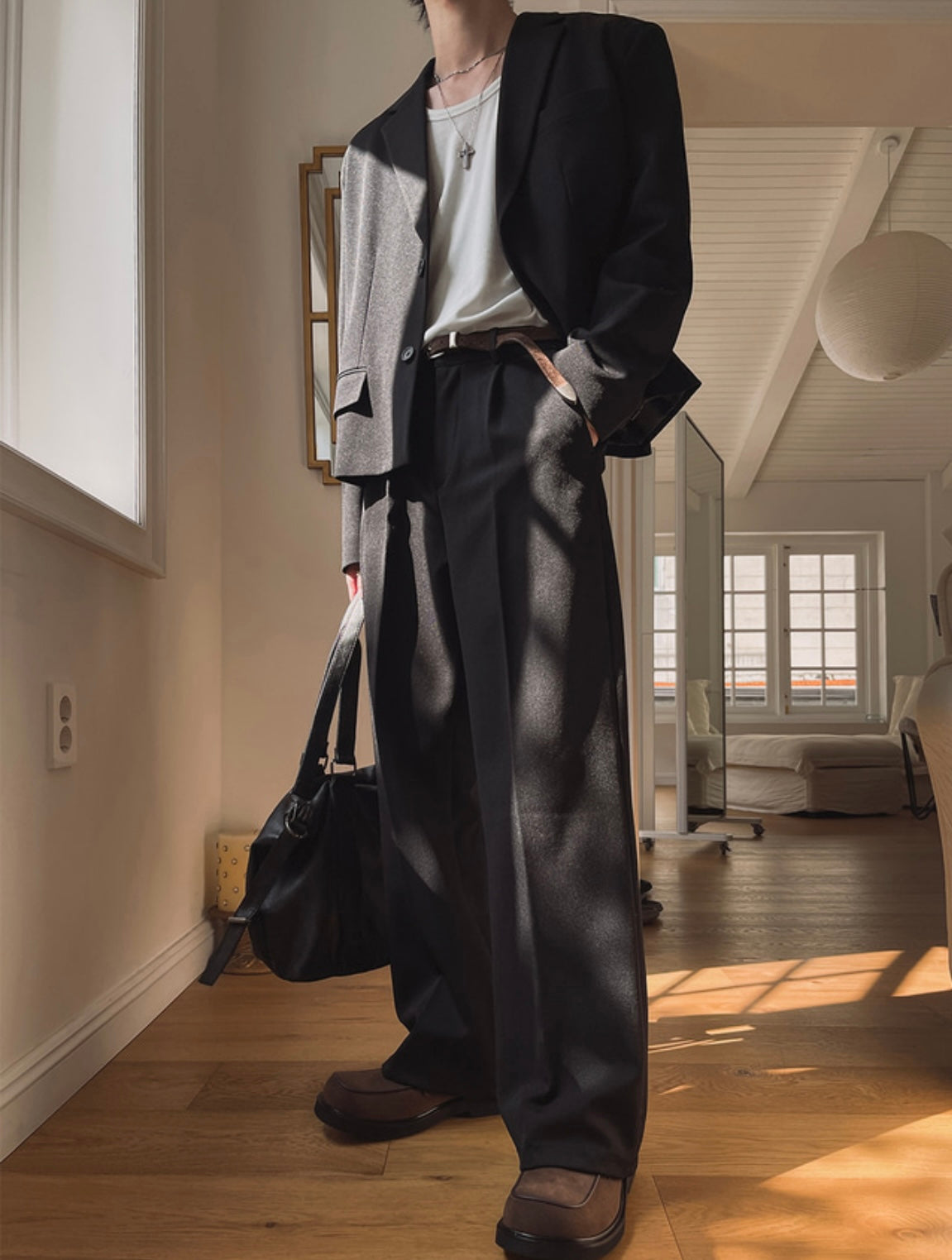 J78 極簡俐落直筒西裝褲 (黑 灰)