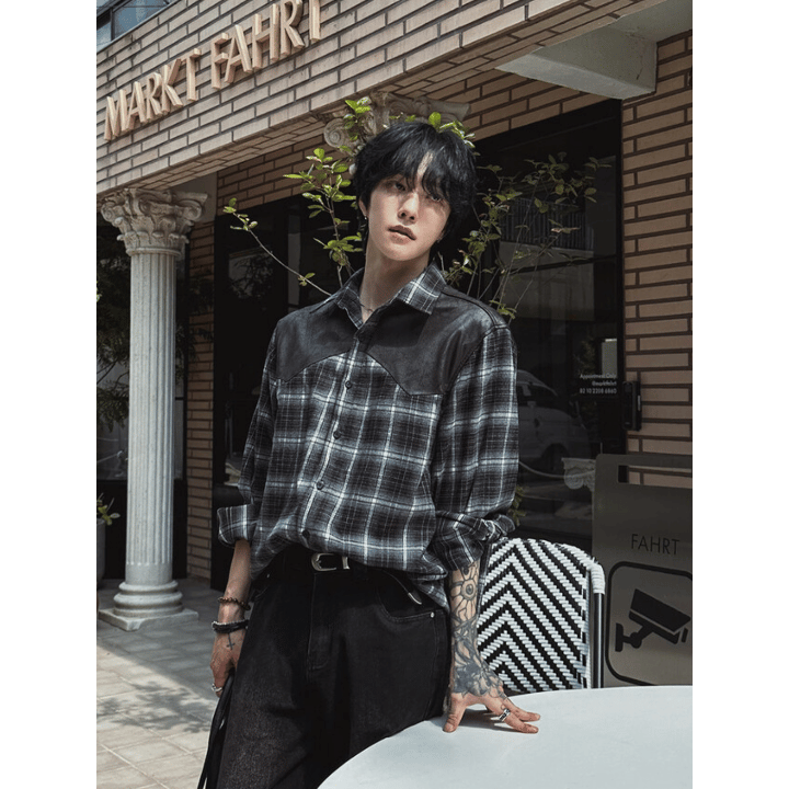 B143 美拉德皮革格紋襯衫 (黑 咖)