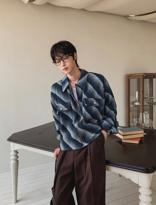 A105 漸層斜紋短版外套 (藍 黑)