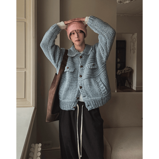 A140 手工針織外套 (米 天藍)