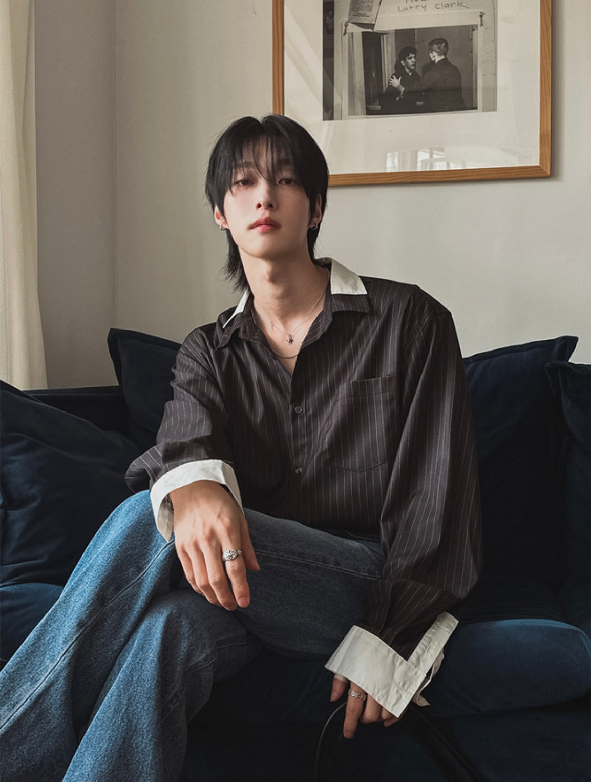 B140 撞色條紋拼接寬版襯衫 (灰 黑)