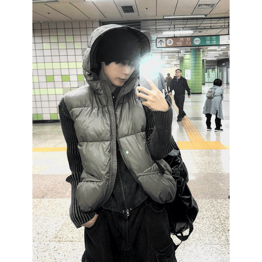 A141 金屬感連帽鋪棉背心 (卡其 黑)