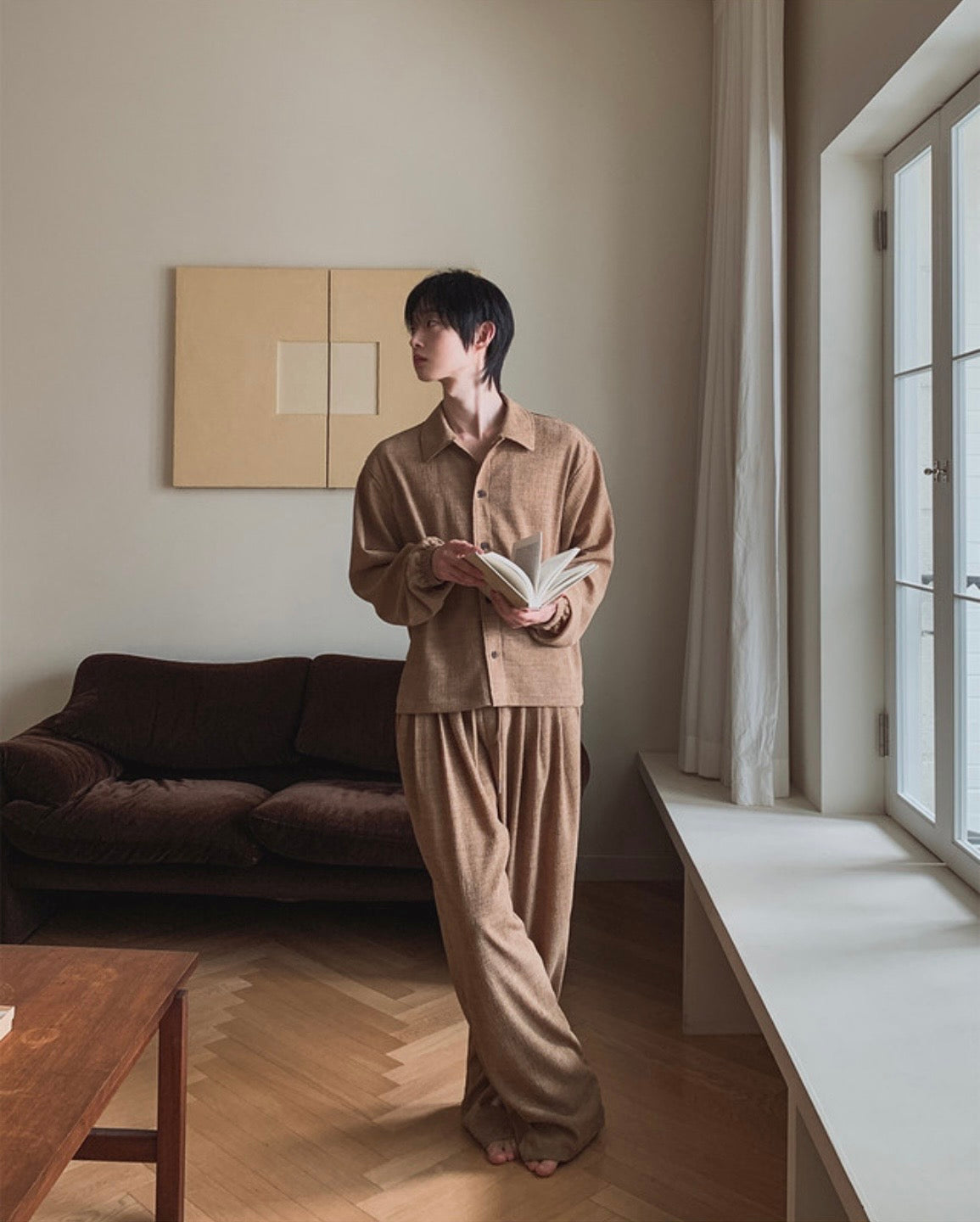 J100 自然紋理寬褲 (米 黑)