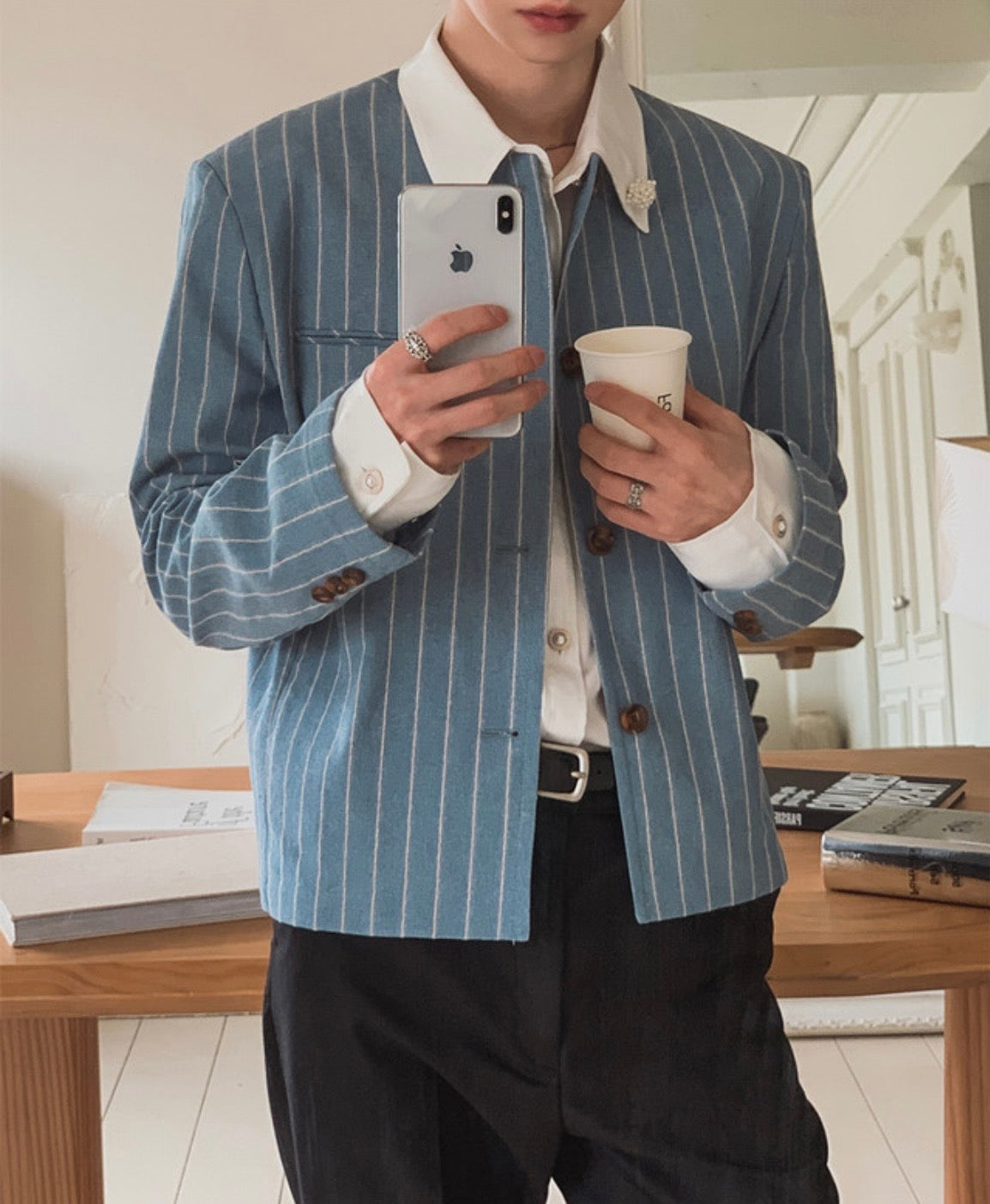 A157 細條紋無領西裝外套 (藍 灰)