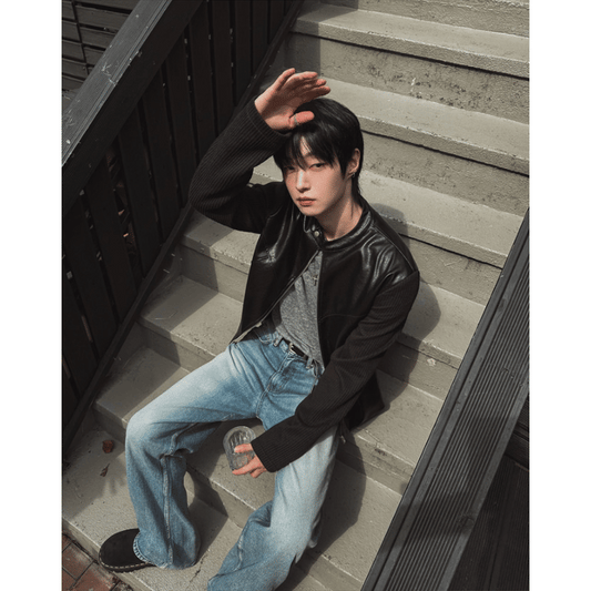 A100 針織拼接短版皮革夾克 (黑 米)