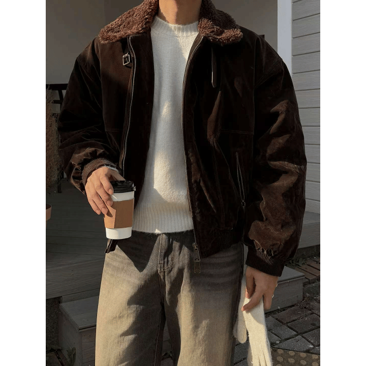 A110 雙領絲絨氣墊短版夾克 (棕 黑)