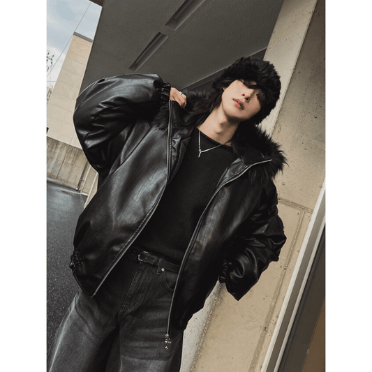 A142 浣熊毛連帽皮革夾克