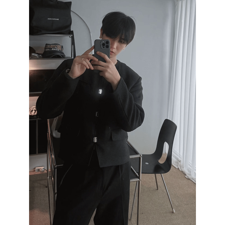 A103 質感金屬粗花呢短款夾克 (黑 白)