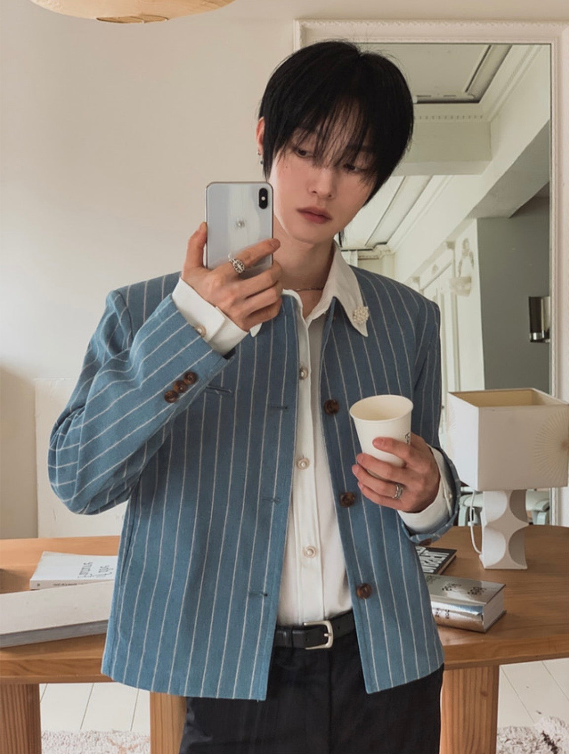 A157 細條紋無領西裝外套 (藍 灰)