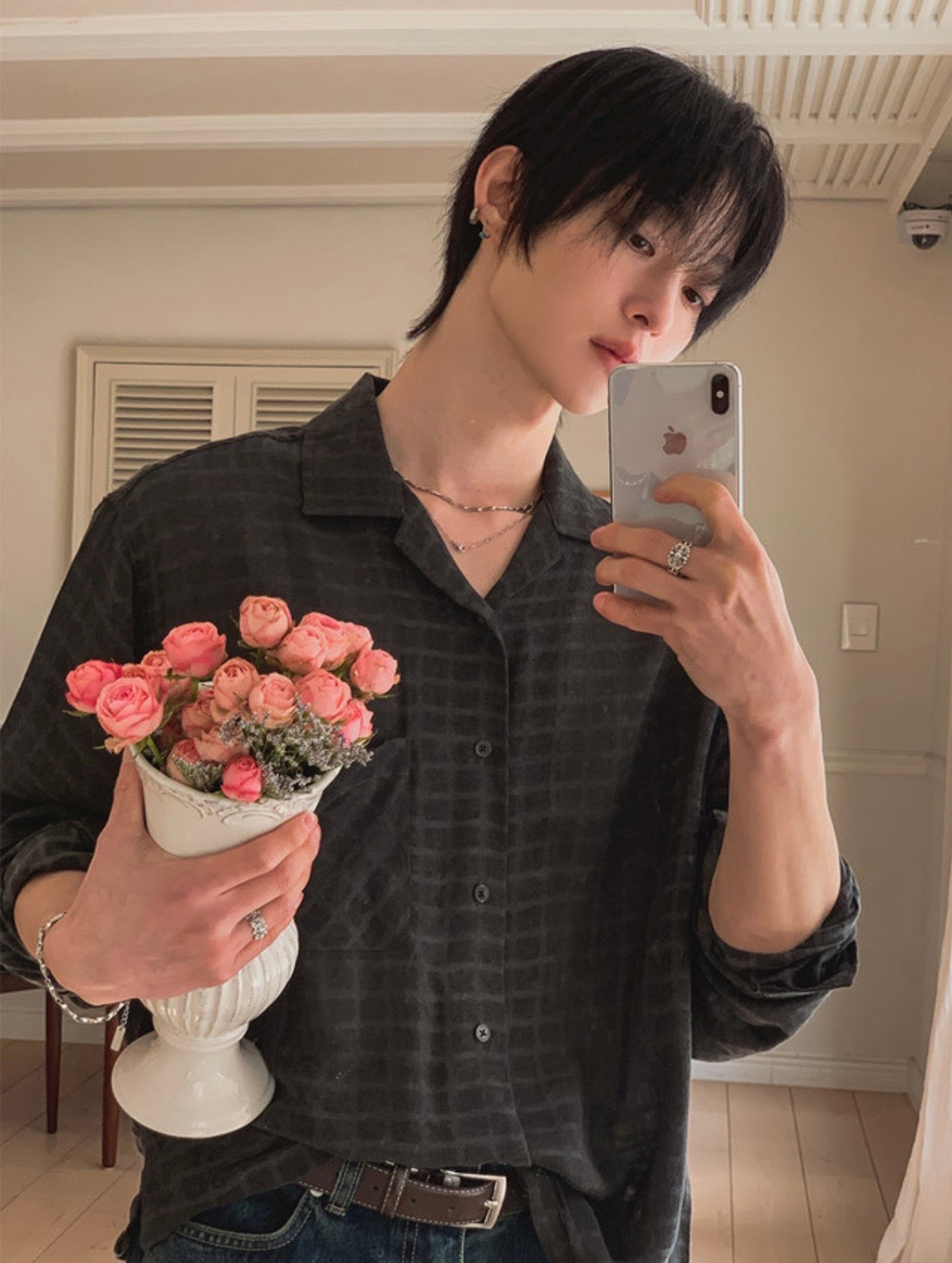 B184 亞麻格紋長袖襯衫 (黑 米)