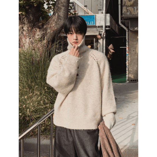 B153 鬆弛立領羊絨毛衣 (燕麥 藕粉)