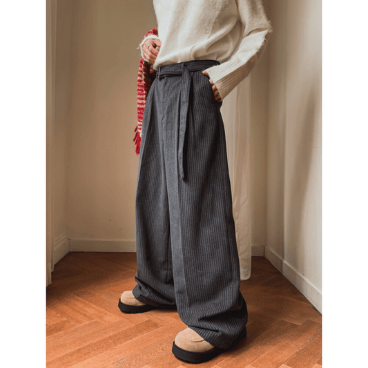 J81 厚磅羊毛綁帶寬褲 (黑 灰)