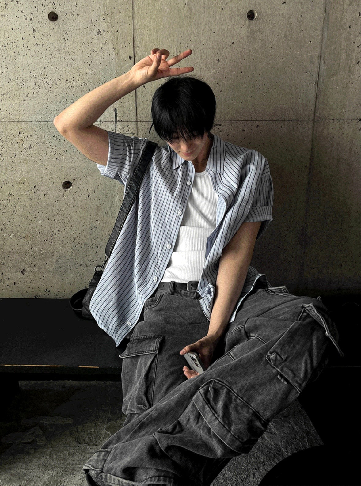 B193 條紋亞麻襯衫 (藍 灰)