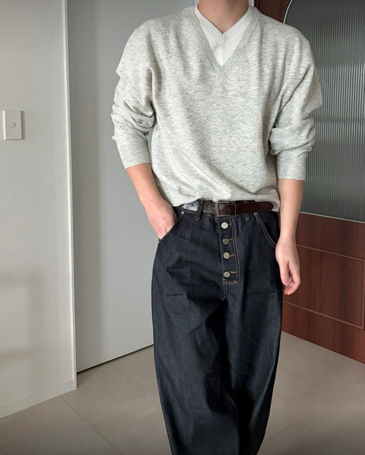 B185 拼接雙層V領針織衫(6色)