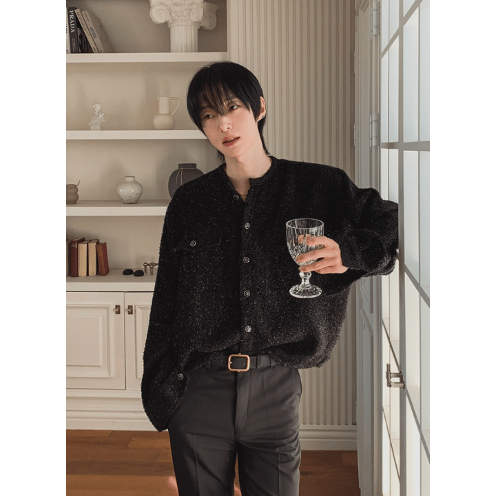 A147 細閃粗花呢短版外套 (黑 深藍)