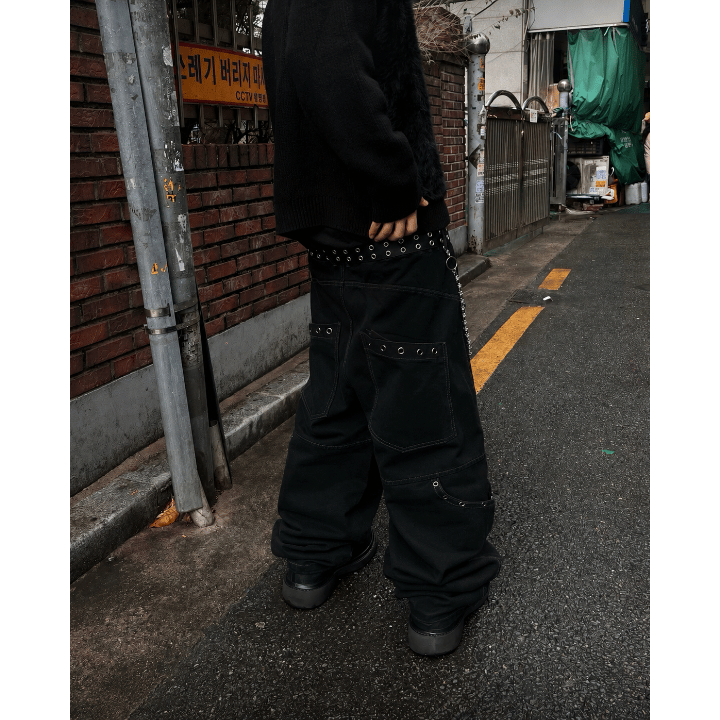 J126 金屬孔落地氣球褲 (黑 藍)