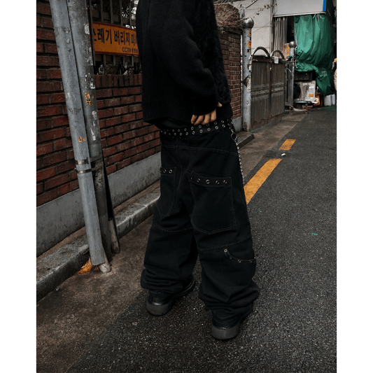 J126 金屬孔落地氣球褲 (黑 藍)