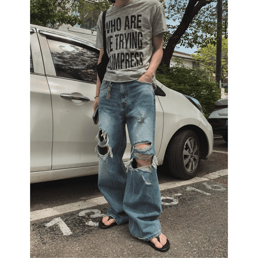 J128 Distressed Wide-Leg Jeans
