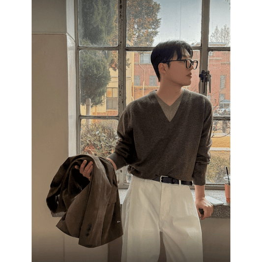 B185 拼接雙層V領針織衫(6色)