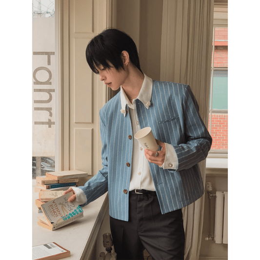 A157 細條紋無領西裝外套 (藍 灰)