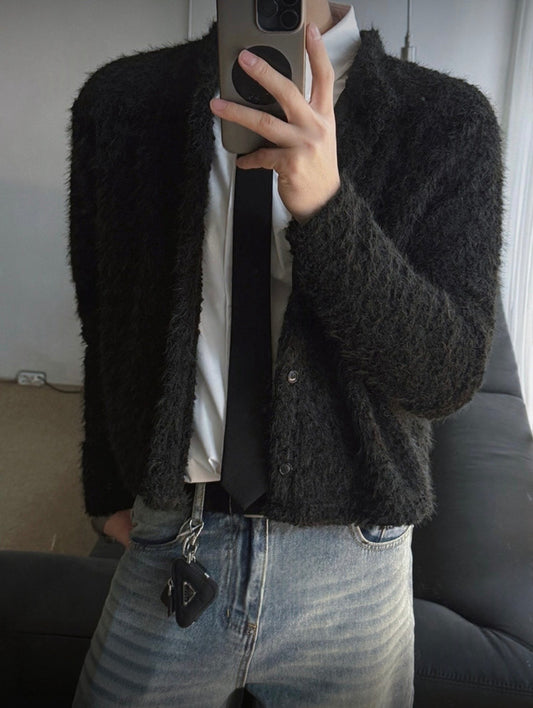 A143 Crew Neck Short Knit Cardigan with Fur Trim (3 Colors)