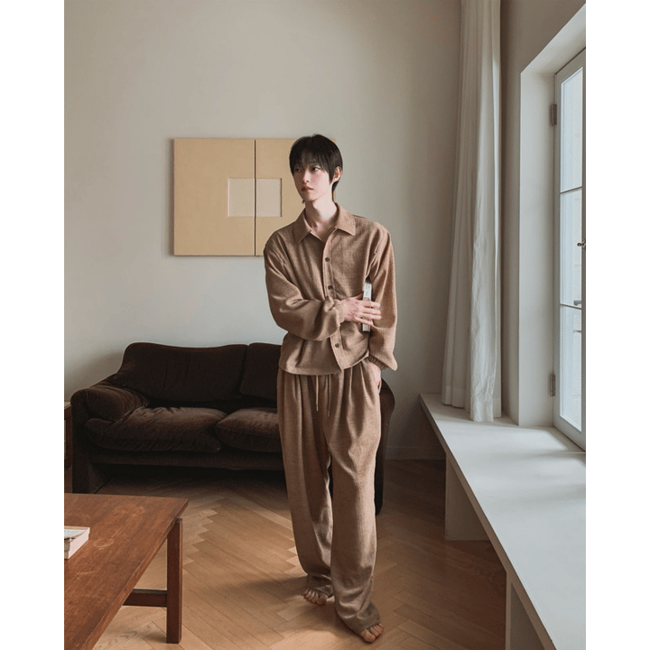 J100 自然紋理寬褲 (米 黑)