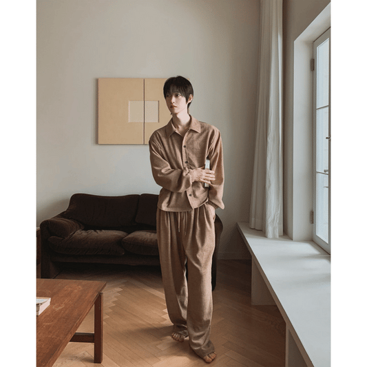 J100 自然紋理寬褲 (米 黑)