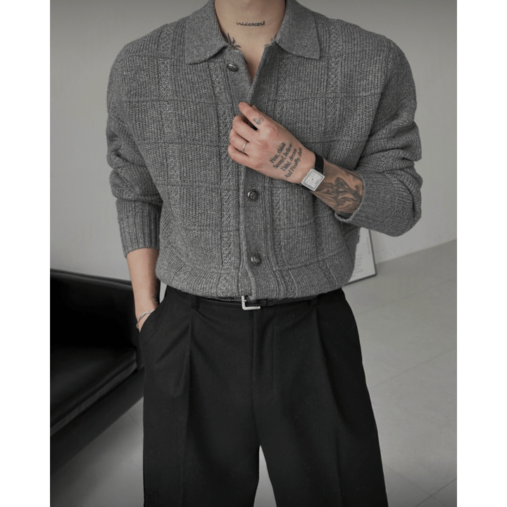 B172 立體格紋羊毛開衫 (灰 黑)