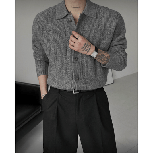 B172 立體格紋羊毛開衫 (灰 黑)