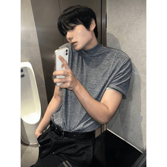 B187 半高領修身上衣 (灰 黑)