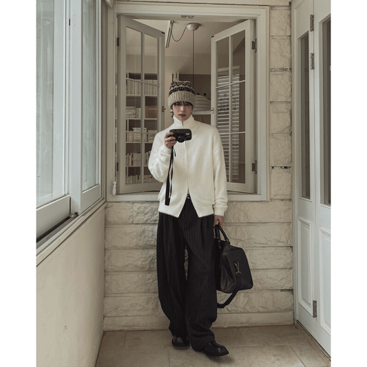 J88 條紋寬版刷毛西裝褲(黑 深藍)