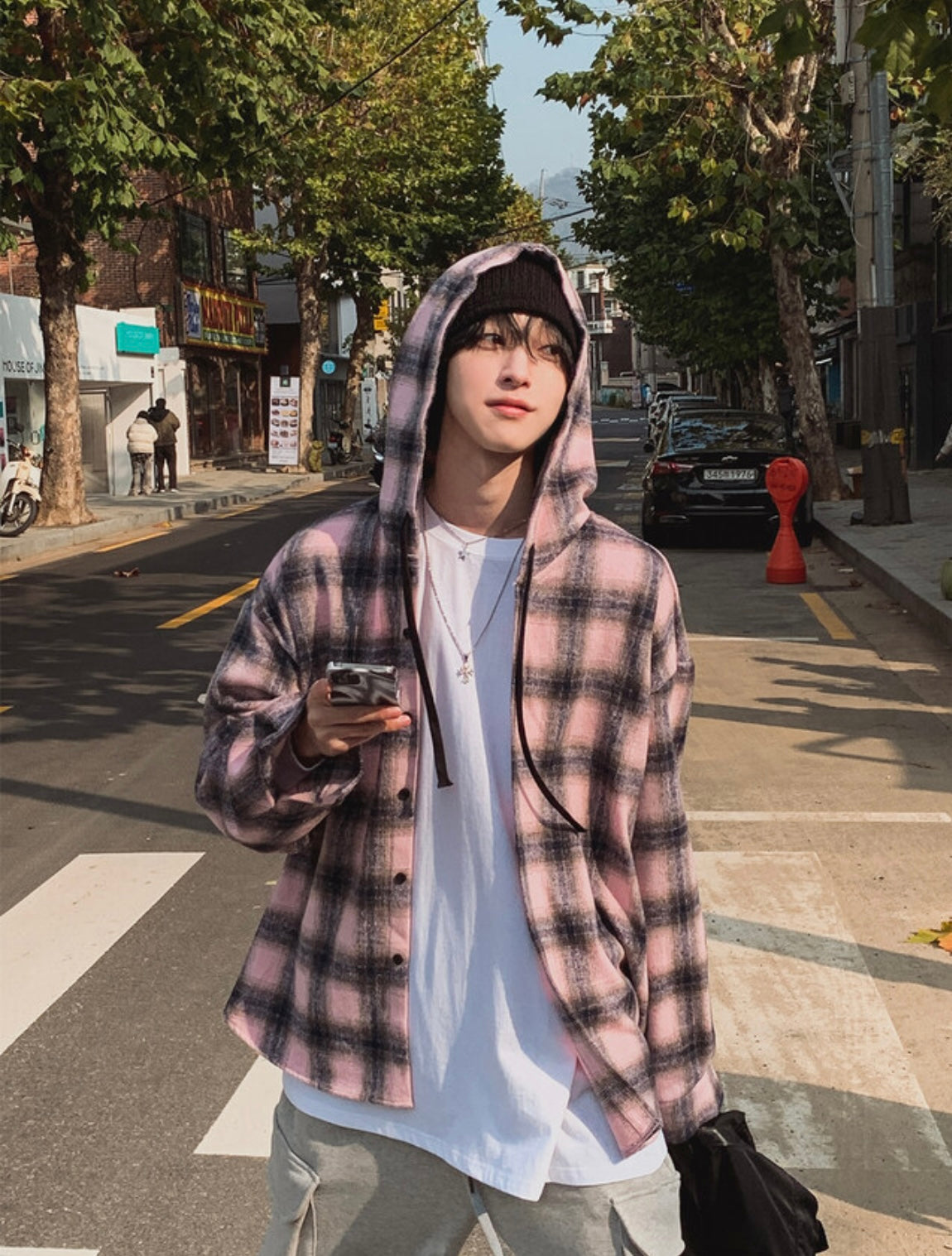 A109 溫柔感格紋連帽襯衫外套 (粉 藍)